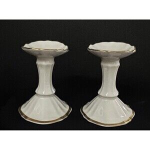 Lenox Symphony Ivory & Gold Trimmed Porcelain Candlestick Holders Pair Vtg USA
